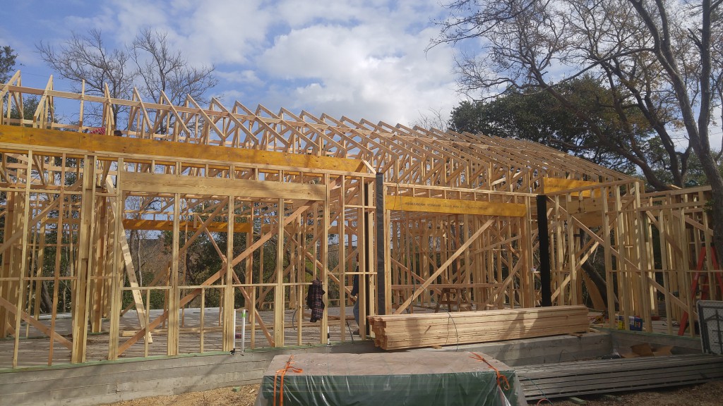 Modern Farmhouse style design and build in Eanes ISD. Under construction in frame stage.