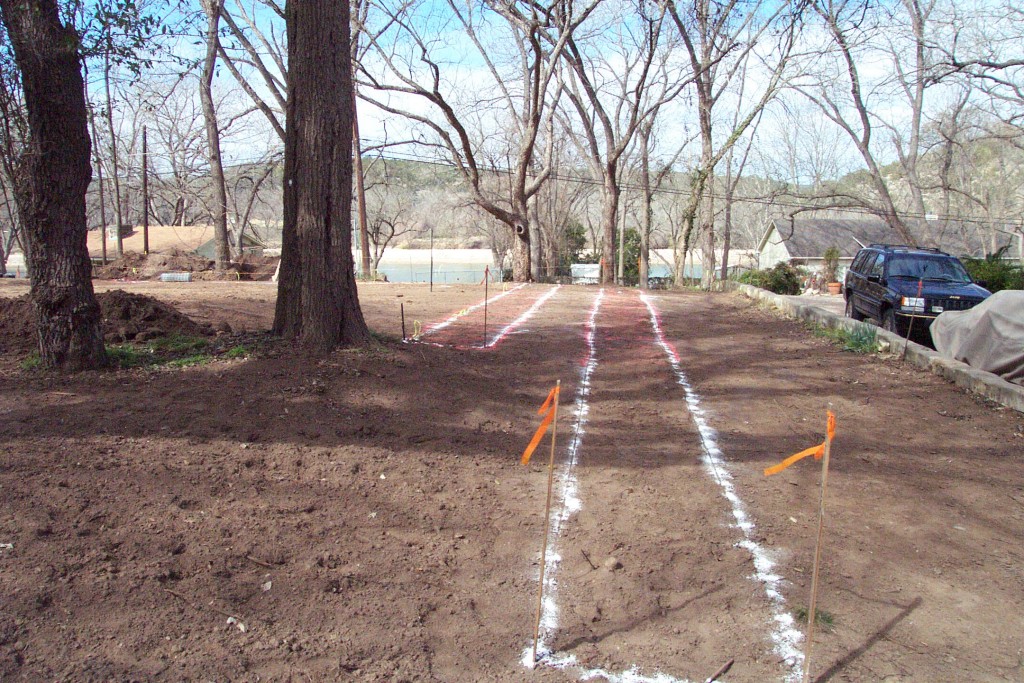 Trenches marked for septic system - a simple gravity feed system.