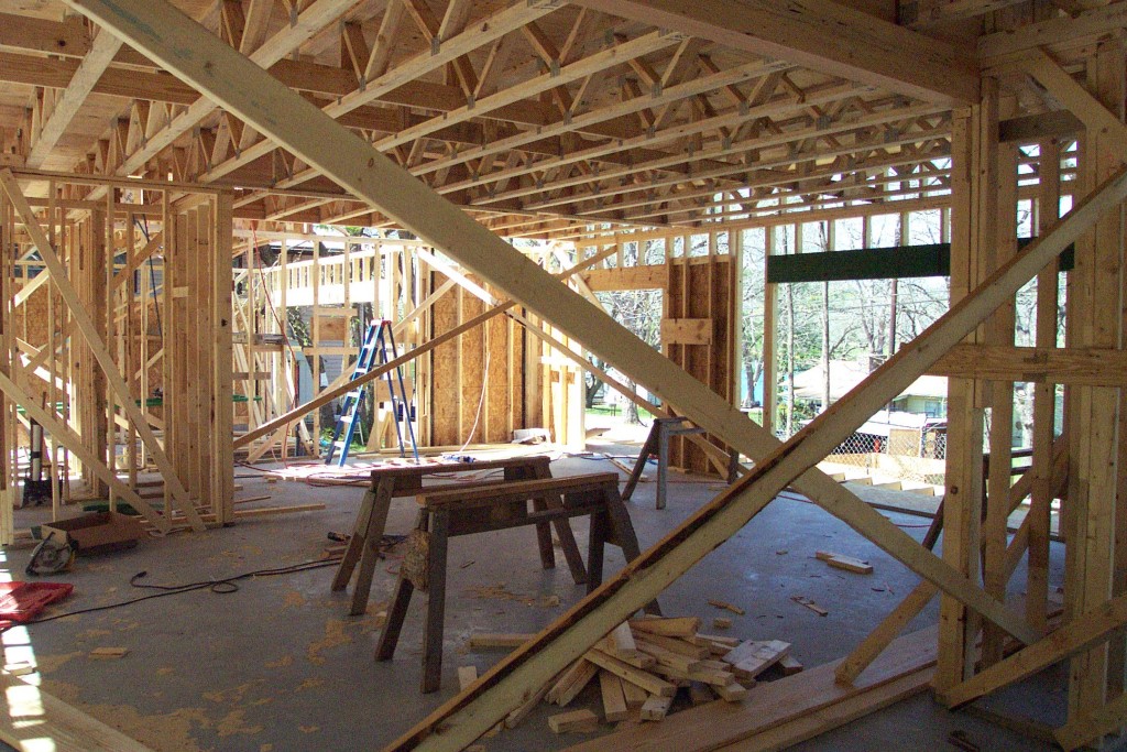 Interior walls going up. Austin craftsman style home under construction.