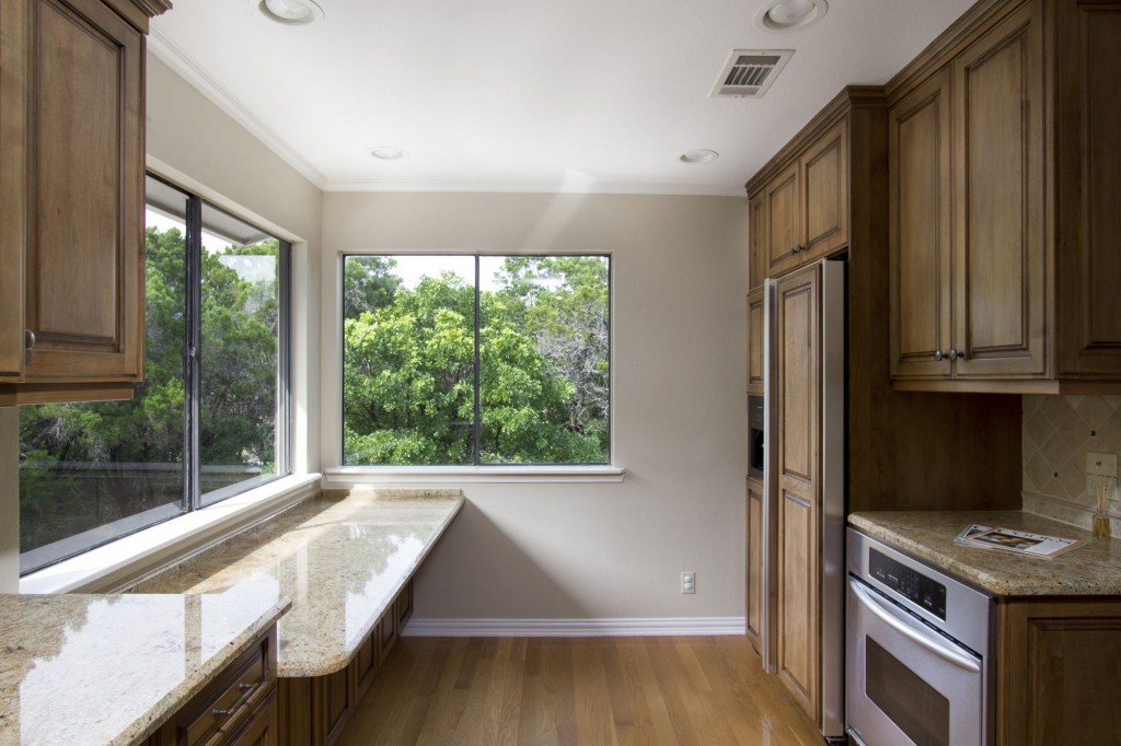 Breakfast bar in a glass corner of the kitchen.