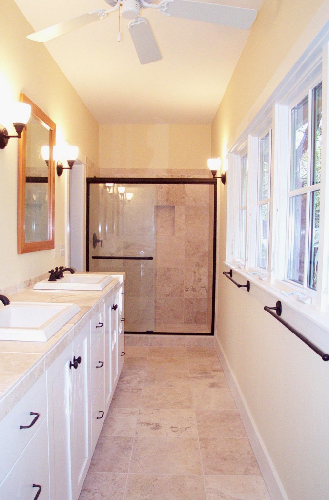 Master Bath with craftsman cabinet doors, European shower, framed mirrors.
