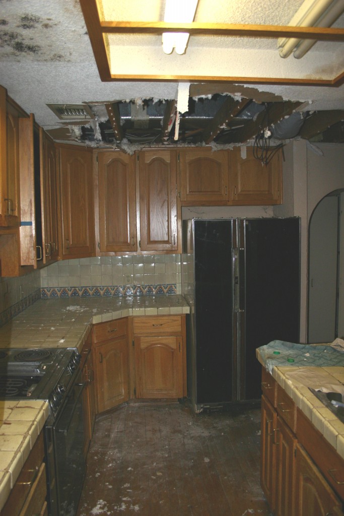 Austin design build project - view of kitchen with mold on ceiling.