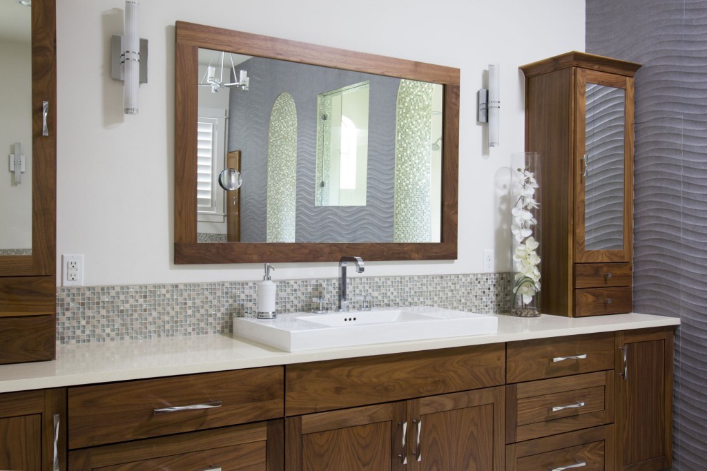 Modern Austin interior - Master Bath vanity with medicine cabinets and framed mirror.