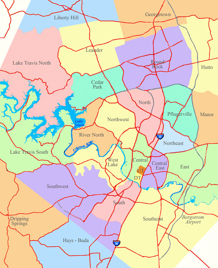 Austin market update 1st quarter 2016. Austin Map showing real estate sections.