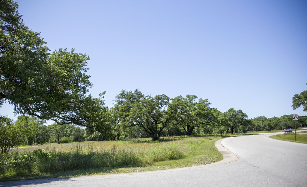 View of entrance road in Barton Creek West. Native landscaping and greenbelts on both sides.