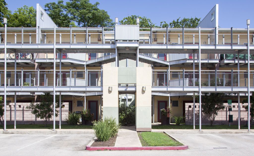 View of balconies at 41 Waller Lofts condominium in Austin's urban core.