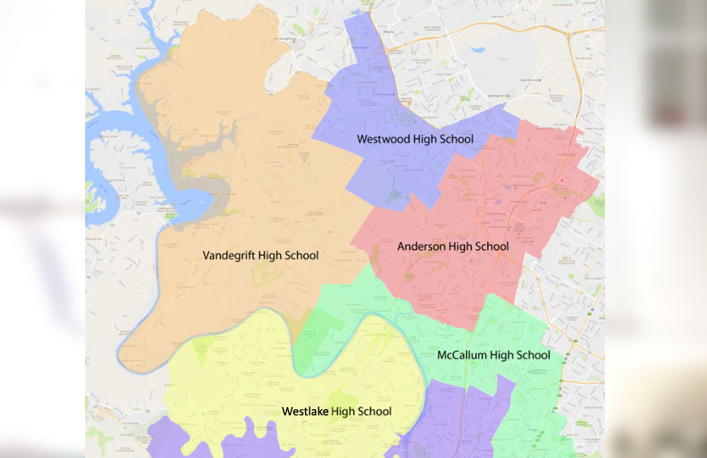 Map of central Austin high school areas. Real estate market update for Vandegrift High neighborhoods.