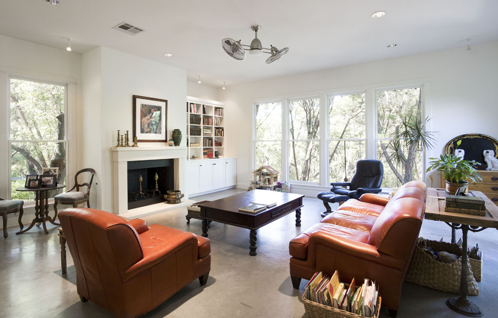Living room and fireplace of 2301 Trail of Madrones - for lease in Westlake - Eanes ISD. 